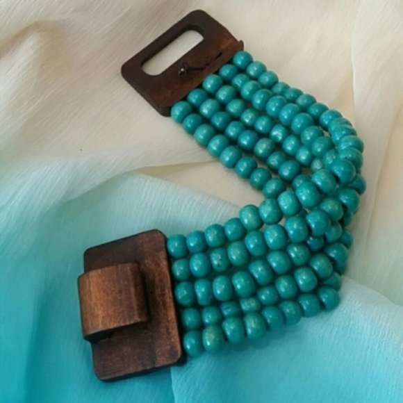 Hypoallergenic Jewelry Stretchy Woodmade Bracelet Eco Blue Tropical - Picture 2 of 4